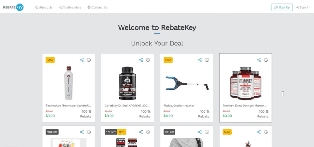 Online store front with text welcome to rebatekey unlock your deal