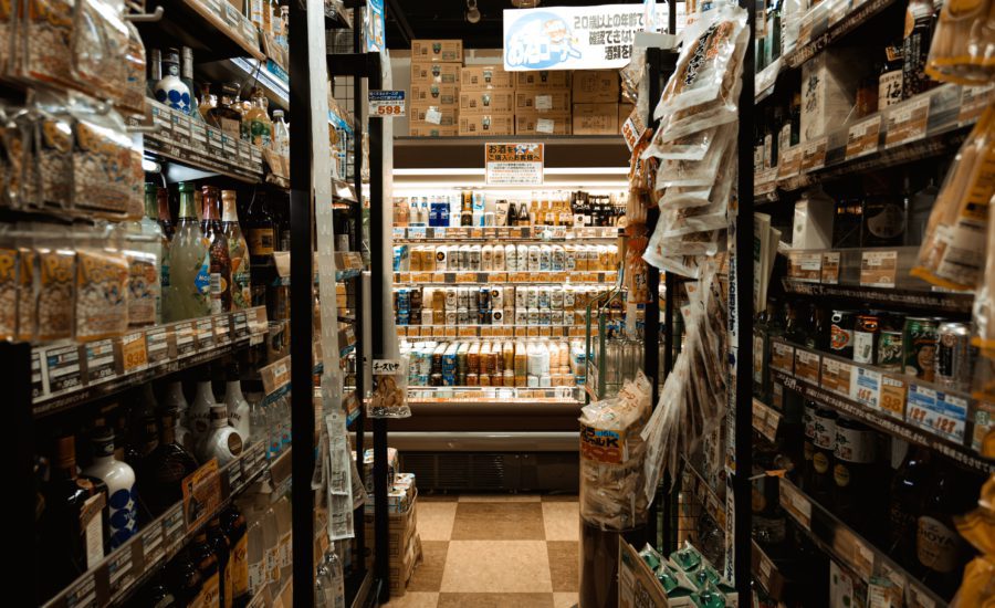 Products on shelf of supermarket