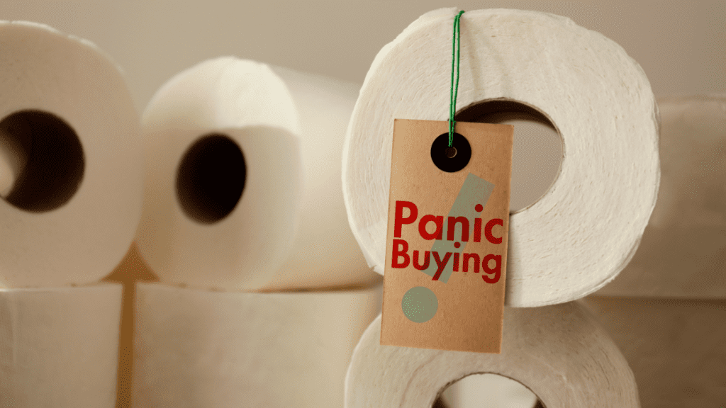 panic buying tag, rolls of toilet paper
